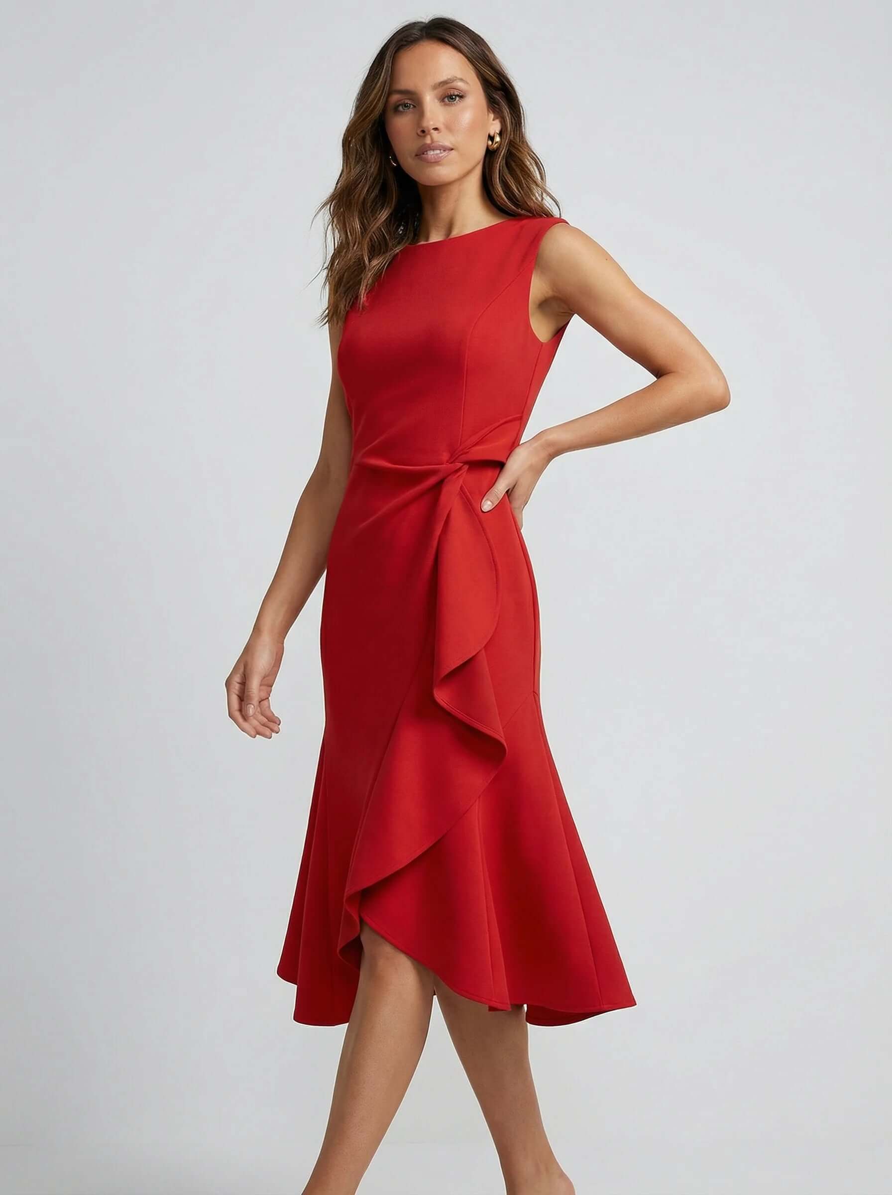 Sleeveless Midi Dress | Draped Waist Design-Women Dress-Eltrendio