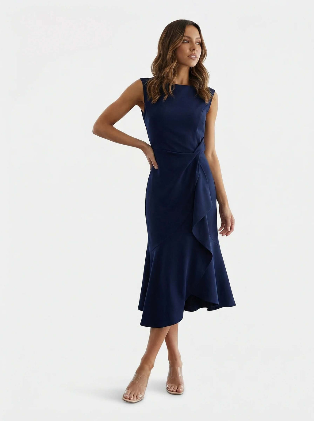 Sleeveless Midi Dress | Draped Waist Design-Women Dress-Eltrendio