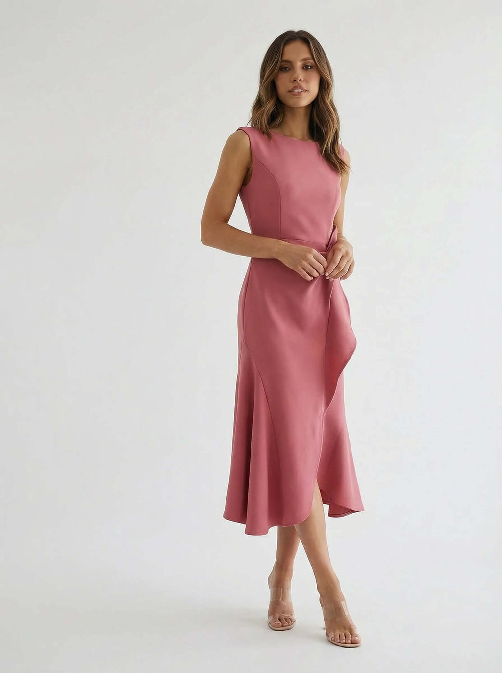 Sleeveless Midi Dress | Draped Waist Design-Women Dress-Eltrendio
