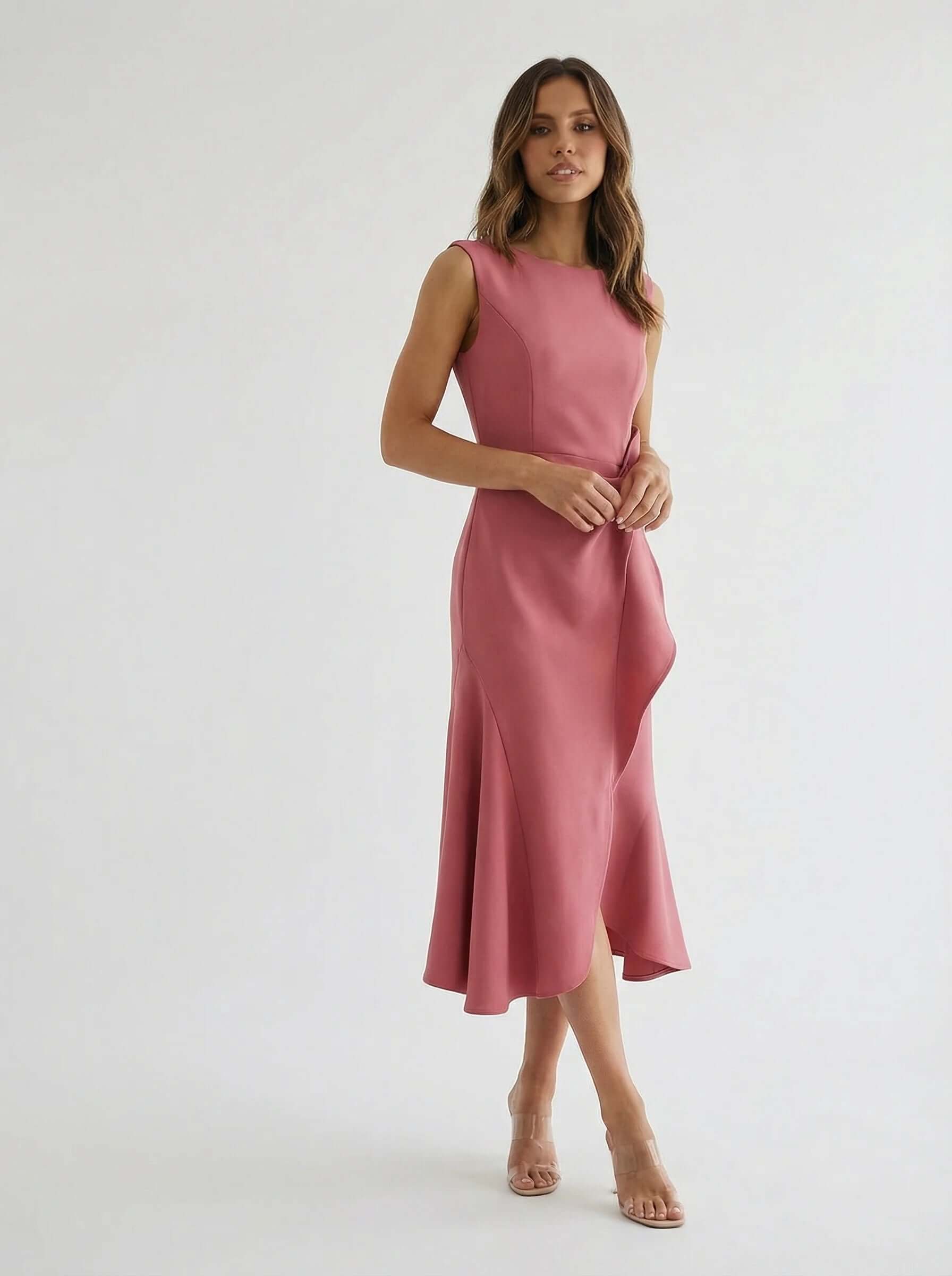 Sleeveless Midi Dress | Draped Waist Design-Women Dress-Eltrendio