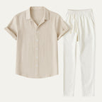 Harbourview | Men’s Short Sleeve Shirt and Trousers Set | Button Front Drawstring Casual Wear-Men Outfit Set-Eltrendio