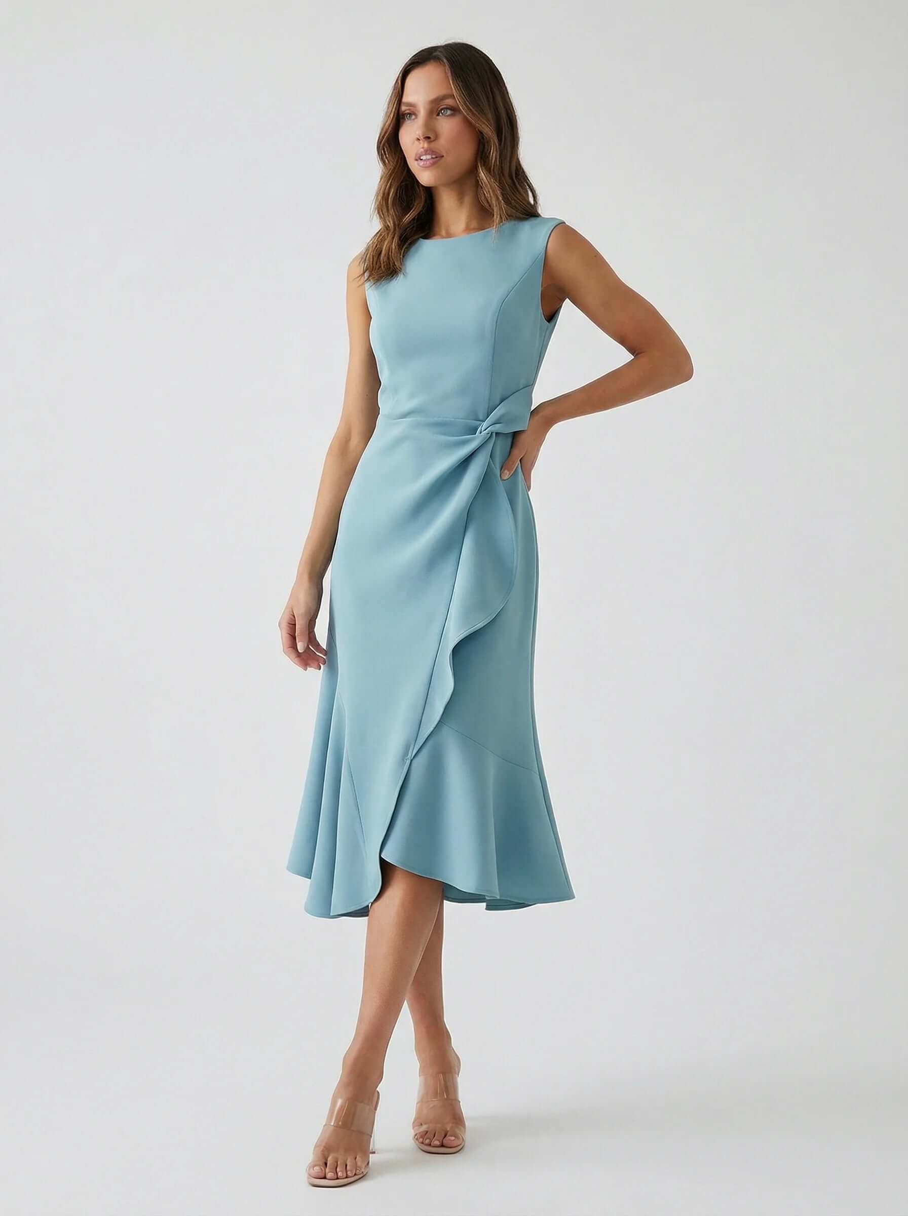 Sleeveless Midi Dress | Draped Waist Design-Women Dress-Eltrendio