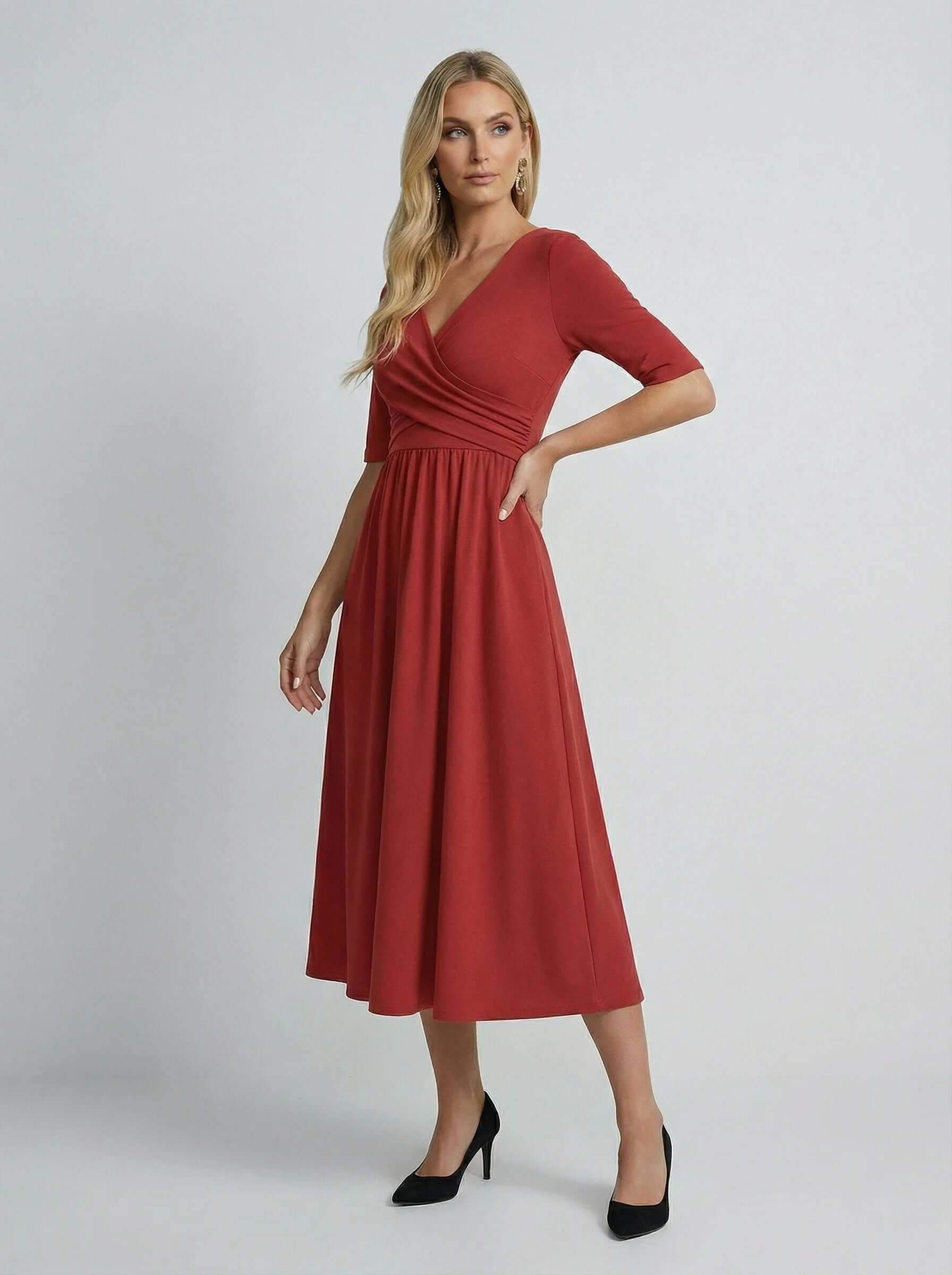 V Neck Midi Dress | Wrap Bodice Design-Women Dress-Eltrendio