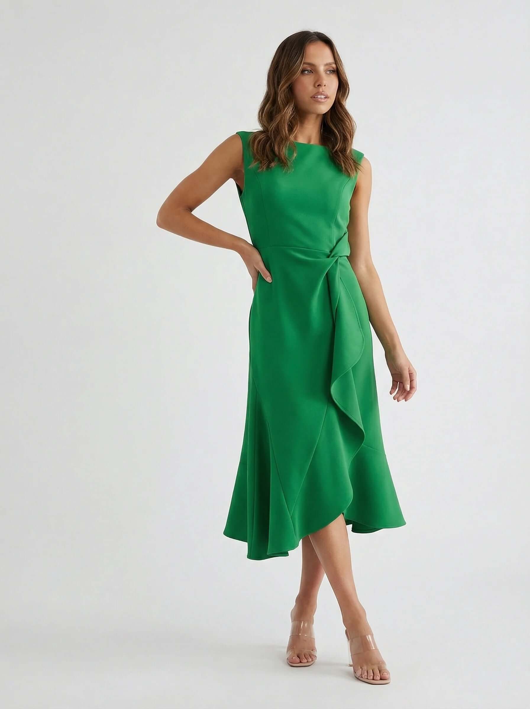 Sleeveless Midi Dress | Draped Waist Design-Women Dress-Eltrendio