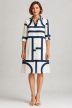 Amelia | Women's Geometric Print Shirt Dress | Button Front Midi Wedding Guest Dress-Women Dress-Eltrendio