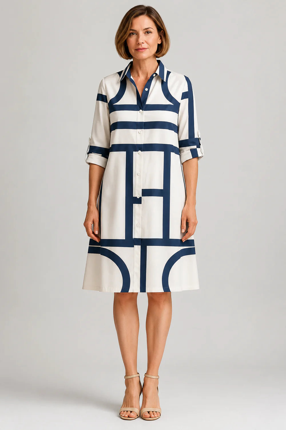 Amelia | Women's Geometric Print Shirt Dress | Button Front Midi Wedding Guest Dress-Women Dress-Eltrendio