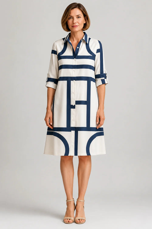 Amelia | Women's Geometric Print Shirt Dress | Button Front Midi Wedding Guest Dress-Women Dress-Eltrendio