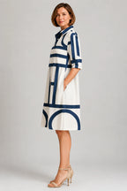Amelia | Women's Geometric Print Shirt Dress | Button Front Midi Wedding Guest Dress-Women Dress-Eltrendio