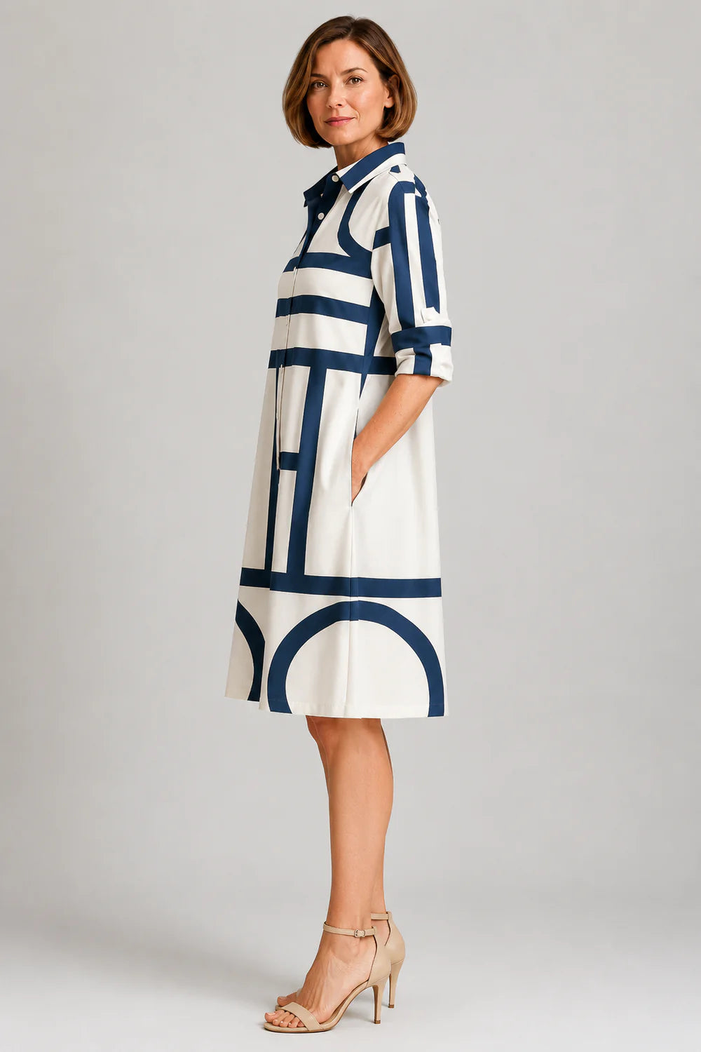 Amelia | Women's Geometric Print Shirt Dress | Button Front Midi Wedding Guest Dress-Women Dress-Eltrendio