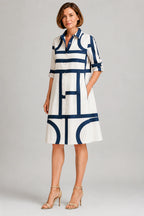 Amelia | Women's Geometric Print Shirt Dress | Button Front Midi Wedding Guest Dress-Women Dress-Eltrendio