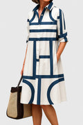 Amelia | Women's Geometric Print Shirt Dress | Button Front Midi Wedding Guest Dress-Women Dress-Eltrendio