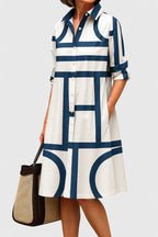 Amelia | Women's Geometric Print Shirt Dress | Button Front Midi Wedding Guest Dress-Women Dress-Eltrendio
