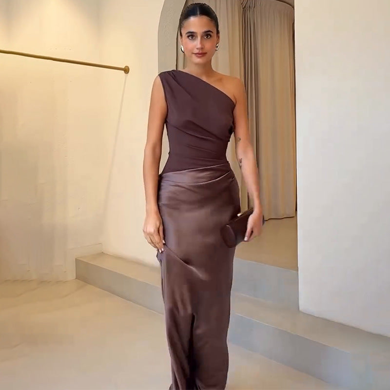 Amelia | Women’s One Shoulder Maxi Dress | Draped Satin Wedding Guest Dress-Women Dress-Eltrendio