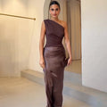 Amelia | Women’s One Shoulder Maxi Dress | Draped Satin Wedding Guest Dress-Women Dress-Eltrendio