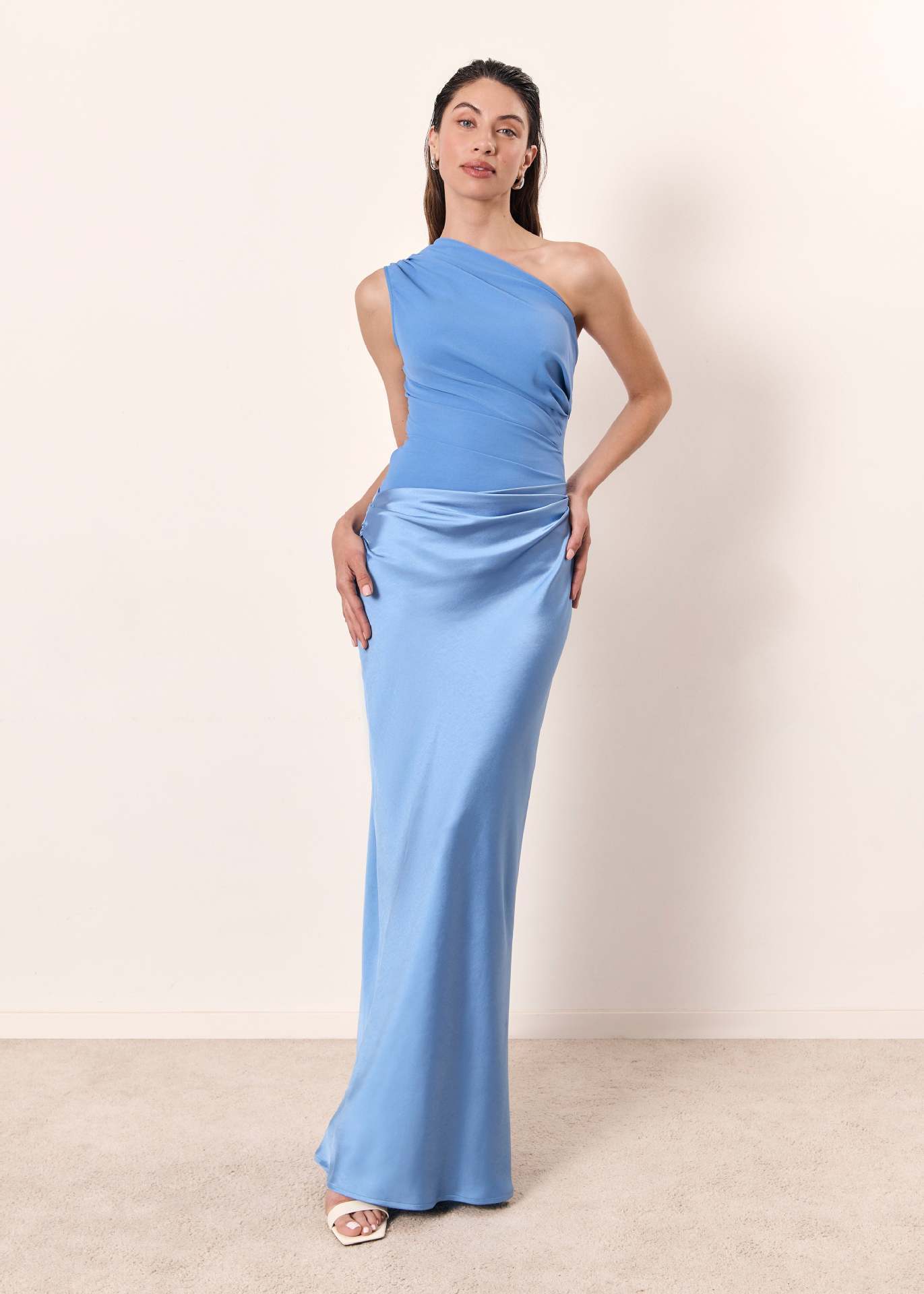 Amelia | Women’s One Shoulder Maxi Dress | Draped Satin Wedding Guest Dress-Women Dress-Eltrendio
