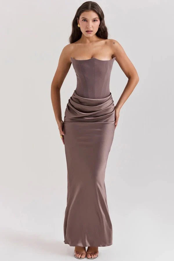 Amelia | Women’s Strapless Maxi Dress | Draped Detail Panel Bodice Evening Dress-Women Dress-Eltrendio