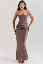 Amelia | Women’s Strapless Maxi Dress | Draped Detail Panel Bodice Evening Dress-Women Dress-Eltrendio