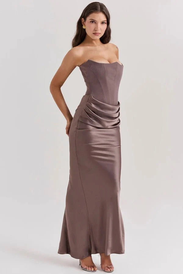 Amelia | Women’s Strapless Maxi Dress | Draped Detail Panel Bodice Evening Dress-Women Dress-Eltrendio