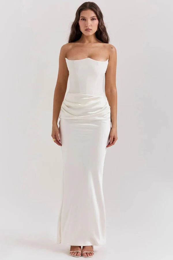 Amelia | Women’s Strapless Maxi Dress | Draped Detail Panel Bodice Evening Dress-Women Dress-Eltrendio