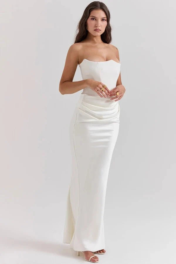 Amelia | Women’s Strapless Maxi Dress | Draped Detail Panel Bodice Evening Dress-Women Dress-Eltrendio