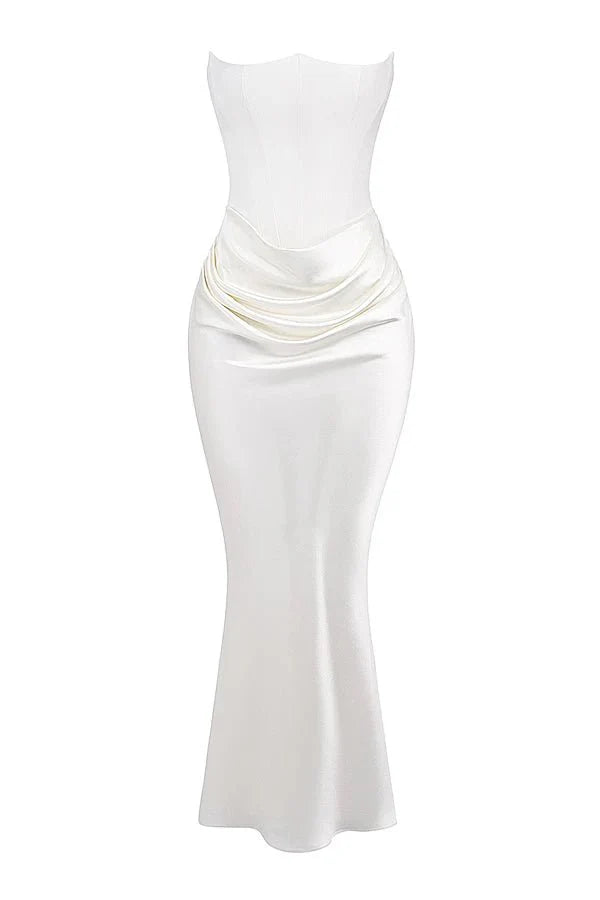 Amelia | Women’s Strapless Maxi Dress | Draped Detail Panel Bodice Evening Dress-Women Dress-Eltrendio
