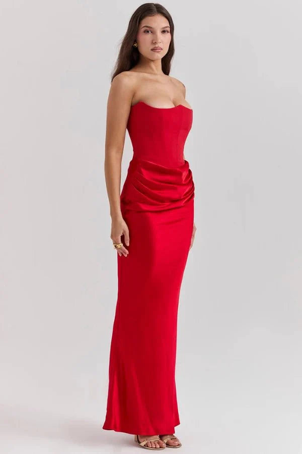 Amelia | Women’s Strapless Maxi Dress | Draped Detail Panel Bodice Evening Dress-Women Dress-Eltrendio