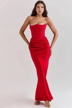Amelia | Women’s Strapless Maxi Dress | Draped Detail Panel Bodice Evening Dress-Women Dress-Eltrendio