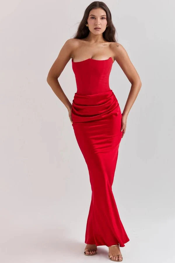 Amelia | Women’s Strapless Maxi Dress | Draped Detail Panel Bodice Evening Dress-Women Dress-Eltrendio
