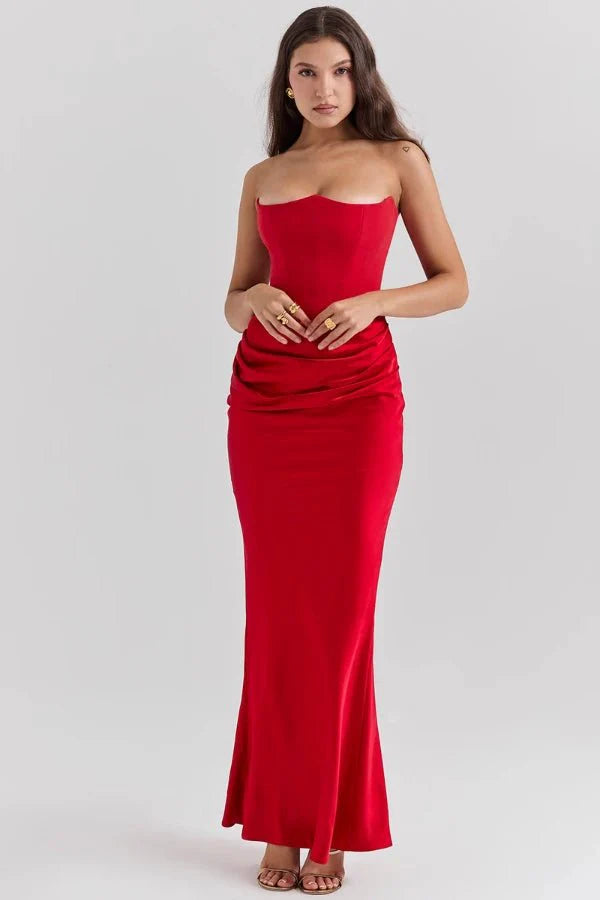 Amelia | Women’s Strapless Maxi Dress | Draped Detail Panel Bodice Evening Dress-Women Dress-Eltrendio