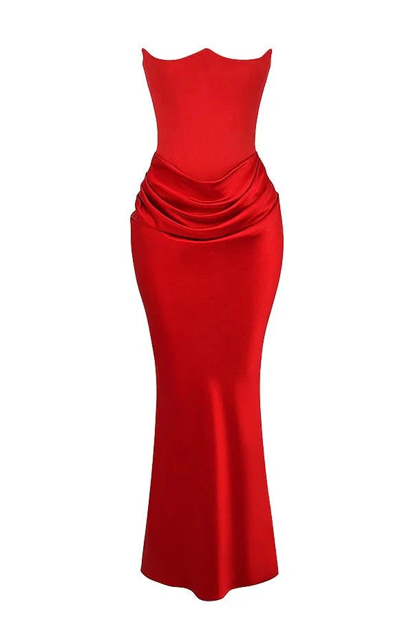 Amelia | Women’s Strapless Maxi Dress | Draped Detail Panel Bodice Evening Dress-Women Dress-Eltrendio