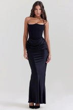 Amelia | Women’s Strapless Maxi Dress | Draped Detail Panel Bodice Evening Dress-Women Dress-Eltrendio