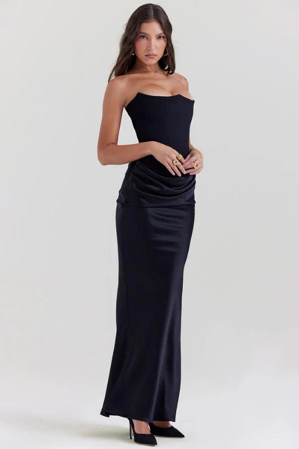 Amelia | Women’s Strapless Maxi Dress | Draped Detail Panel Bodice Evening Dress-Women Dress-Eltrendio