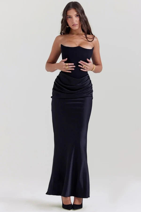 Amelia | Women’s Strapless Maxi Dress | Draped Detail Panel Bodice Evening Dress-Women Dress-Eltrendio