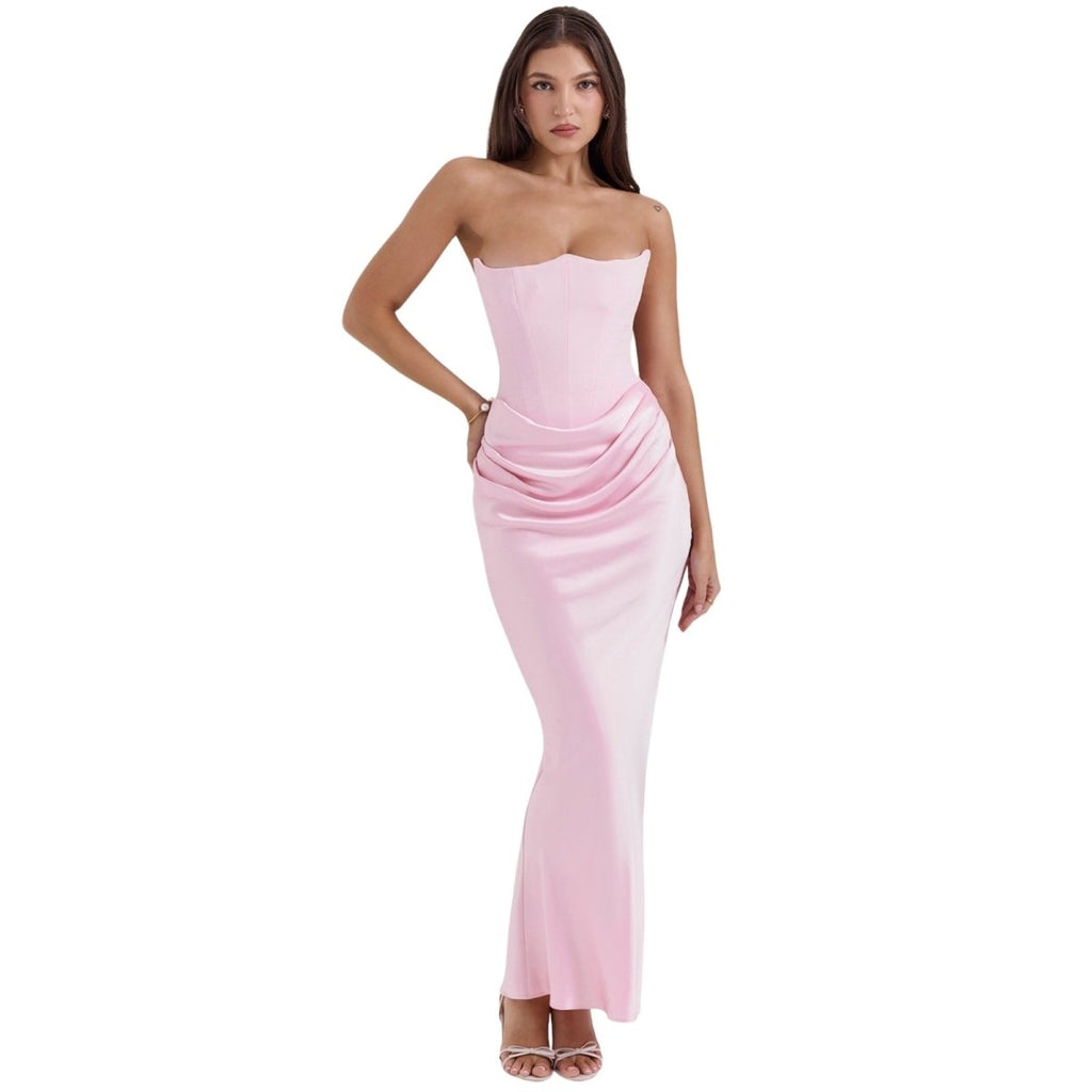Amelia | Women’s Strapless Maxi Dress | Draped Detail Panel Bodice Evening Dress-Women Dress-Eltrendio
