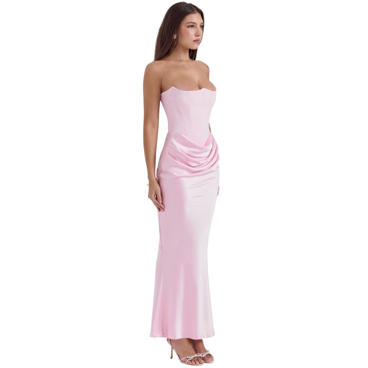 Amelia | Women’s Strapless Maxi Dress | Draped Detail Panel Bodice Evening Dress-Women Dress-Eltrendio