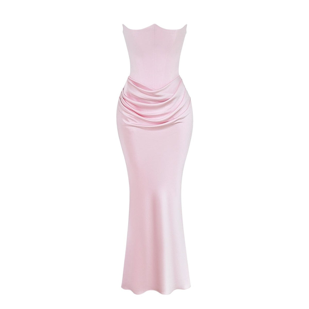 Amelia | Women’s Strapless Maxi Dress | Draped Detail Panel Bodice Evening Dress-Women Dress-Eltrendio