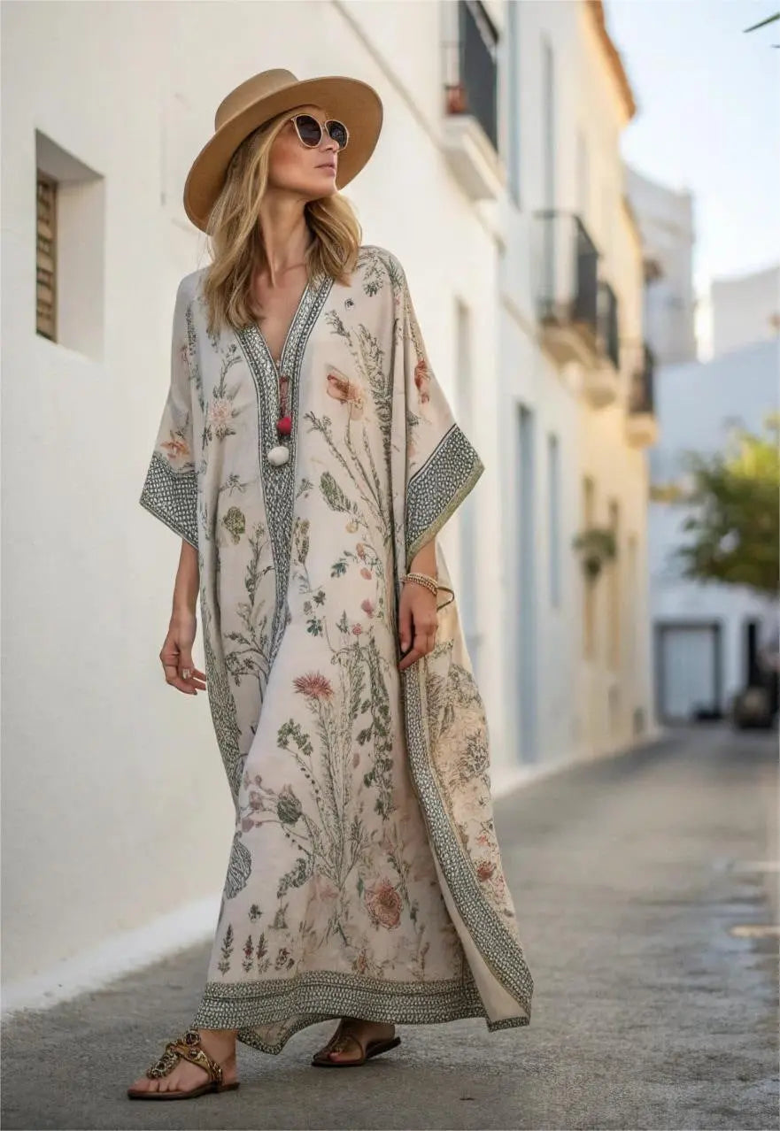 Arden | Women’s Kaftan Dress | Floral Print V Neck-Women Dress-Eltrendio