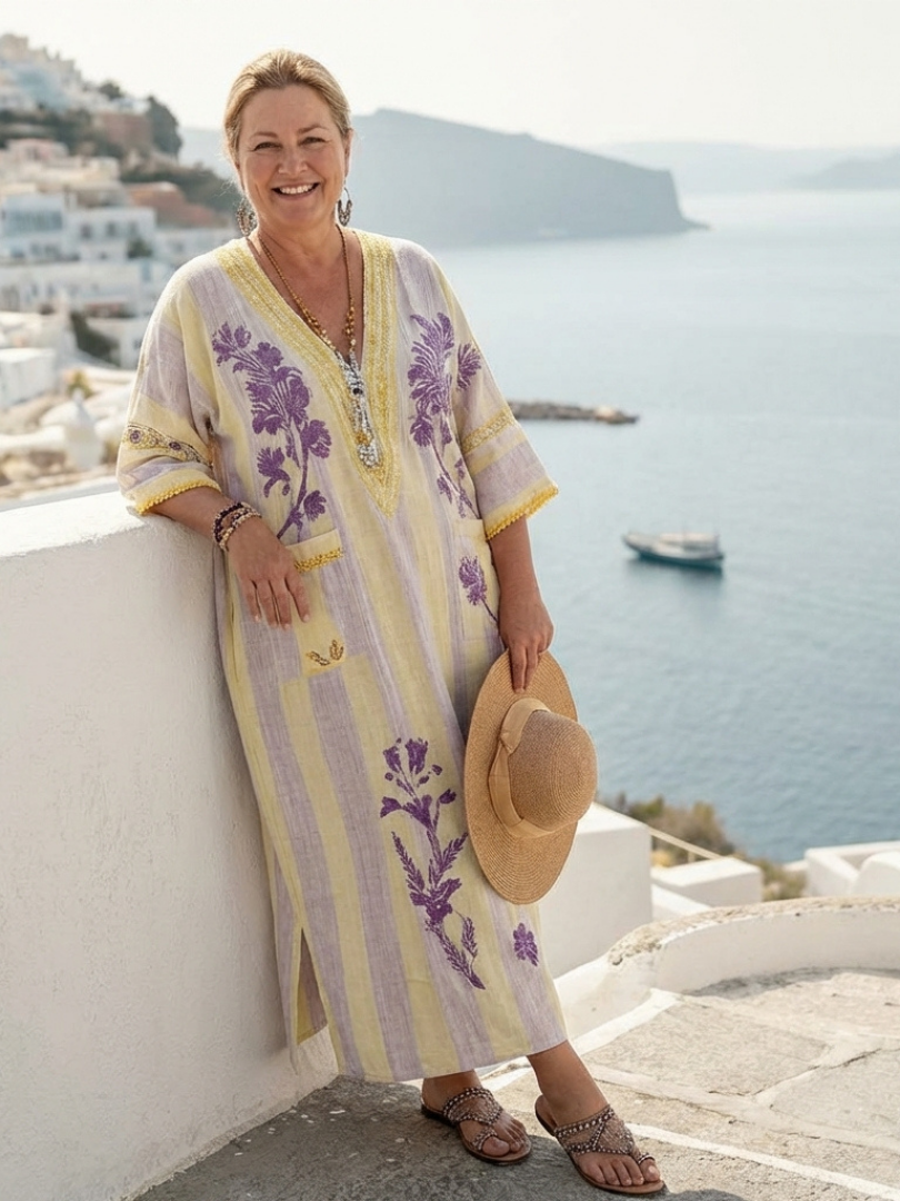 Beatrice | Women's Floral Print Kaftan Dress | V Neck Side Split Coastal Escape Dress-Women Dress-Eltrendio