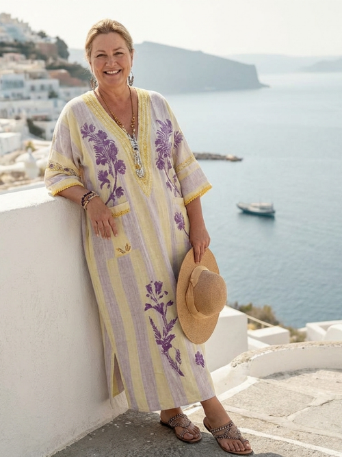 Beatrice | Women's Floral Print Kaftan Dress | V Neck Side Split Coastal Escape Dress-Women Dress-Eltrendio