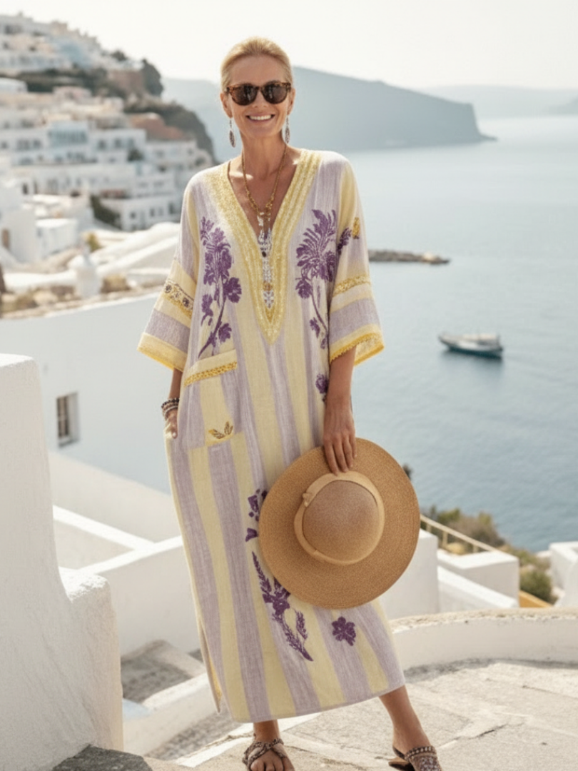 Beatrice | Women's Floral Print Kaftan Dress | V Neck Side Split Coastal Escape Dress-Women Dress-Eltrendio