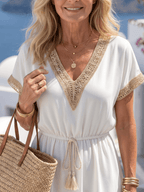 Beatrice | Women's Plain Mini Dress | V Neck Drawstring Resort Holiday Dress-Women Dress-Eltrendio