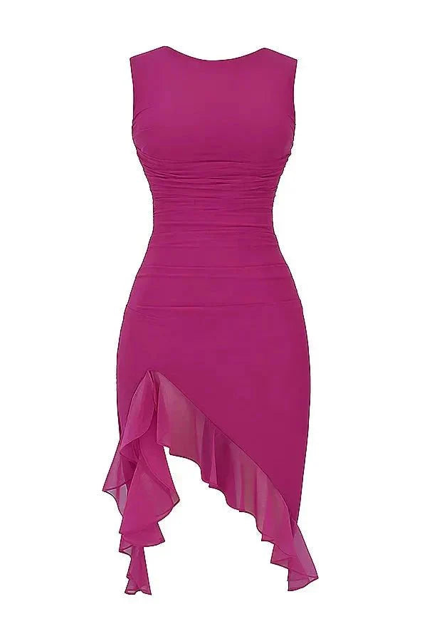 Bethany | Women’s Ruched Midi Dress | Sleeveless Asymmetric Hem Occasion Wear-Women Dress-Eltrendio