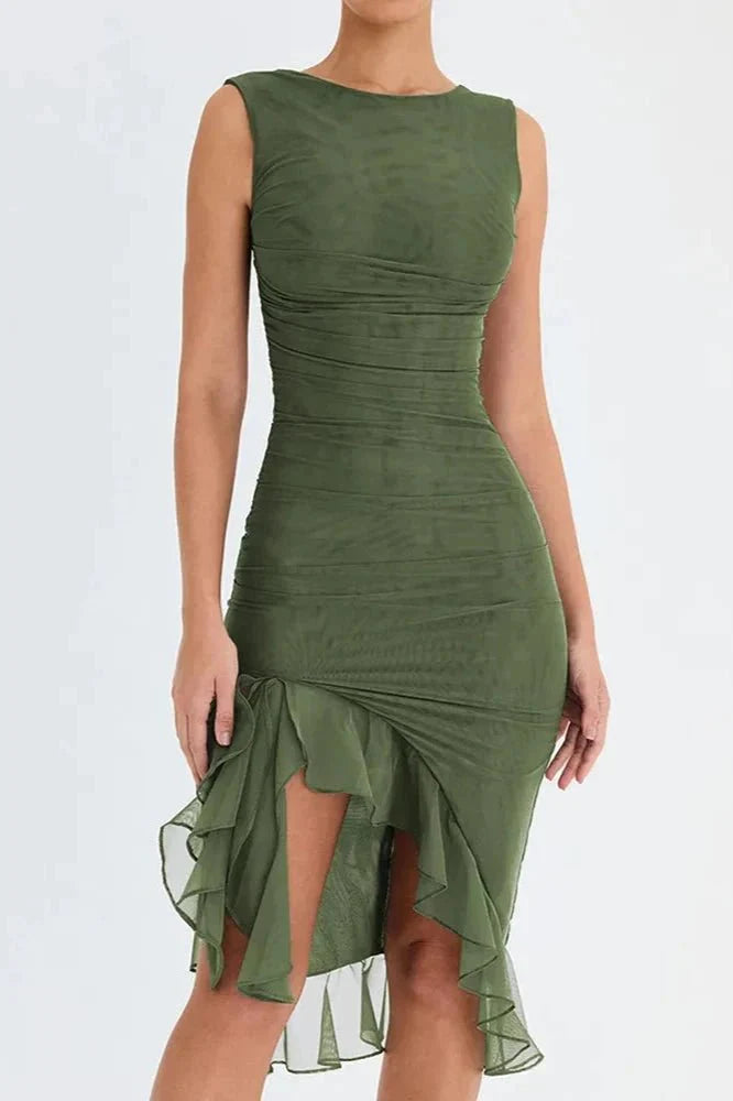 Bethany | Women’s Ruched Midi Dress | Sleeveless Asymmetric Hem Occasion Wear-Women Dress-Eltrendio