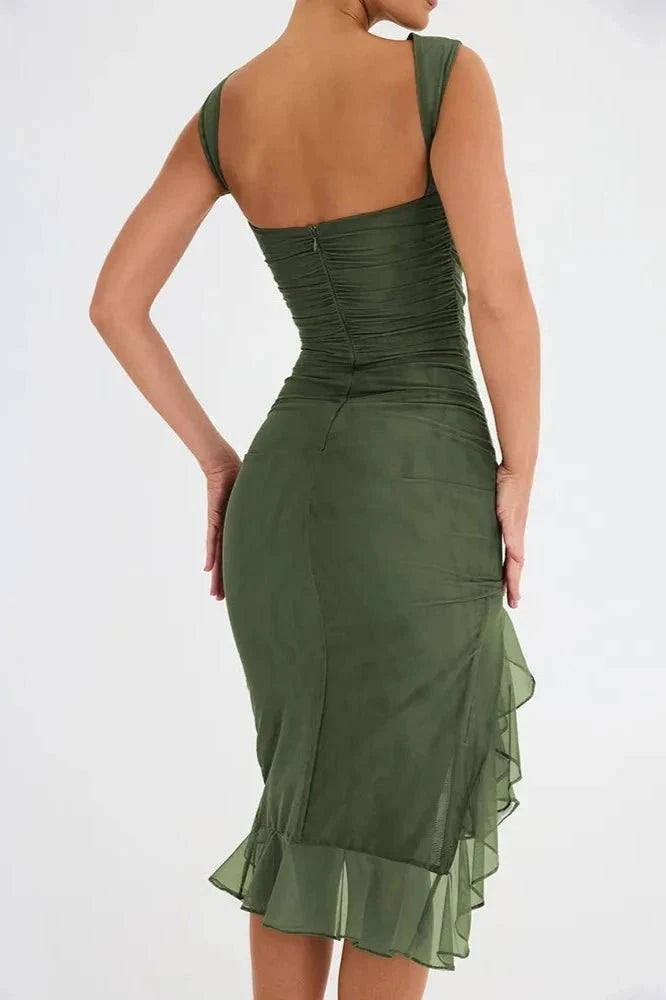 Bethany | Women’s Ruched Midi Dress | Sleeveless Asymmetric Hem Occasion Wear-Women Dress-Eltrendio