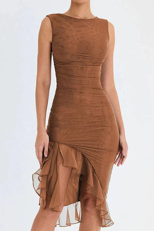 Bethany | Women’s Ruched Midi Dress | Sleeveless Asymmetric Hem Occasion Wear-Women Dress-Eltrendio
