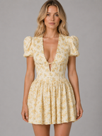 Camille | Women’s Mini Dress | Floral Print Puff Sleeve-Women Dress-Eltrendio