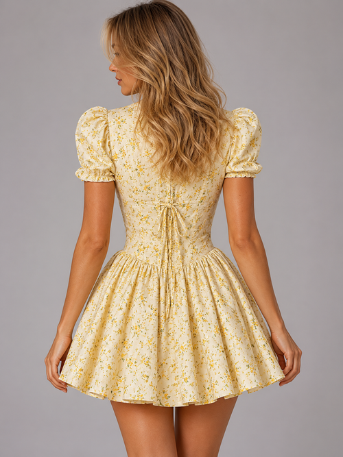 Camille | Women’s Mini Dress | Floral Print Puff Sleeve-Women Dress-Eltrendio