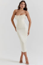 Camille | Women’s Strapless Midi Dress | Fringe Trim Corset Wedding Guest Wear-Women Dress-Eltrendio