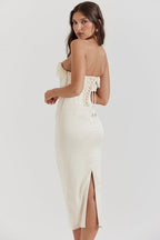 Camille | Women’s Strapless Midi Dress | Fringe Trim Corset Wedding Guest Wear-Women Dress-Eltrendio