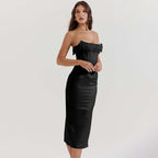 Camille | Women’s Strapless Midi Dress | Fringe Trim Corset Wedding Guest Wear-Women Dress-Eltrendio